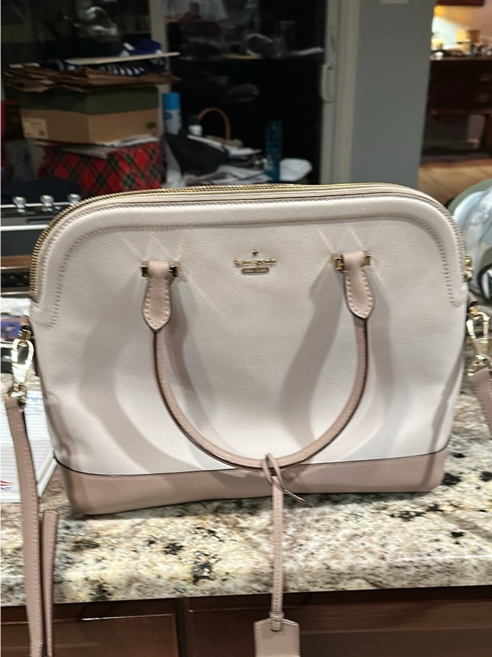 kate spade Cream and Tan Dome Satchel with Gold Hardware